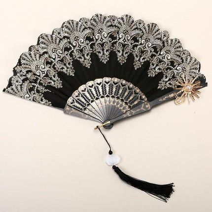 2 Pack Black Sunflower with Gold Foil Stamping Vintage Lace Folding Fans Gothic Palace Style with Rose Cross Tassels for Tea Party Cosplay and Photo Props.