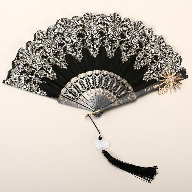 2 Pack Black Sunflower with Gold Foil Stamping Vintage Lace Folding Fans Gothic Palace Style with Rose Cross Tassels for Tea Party Cosplay and Photo Props.