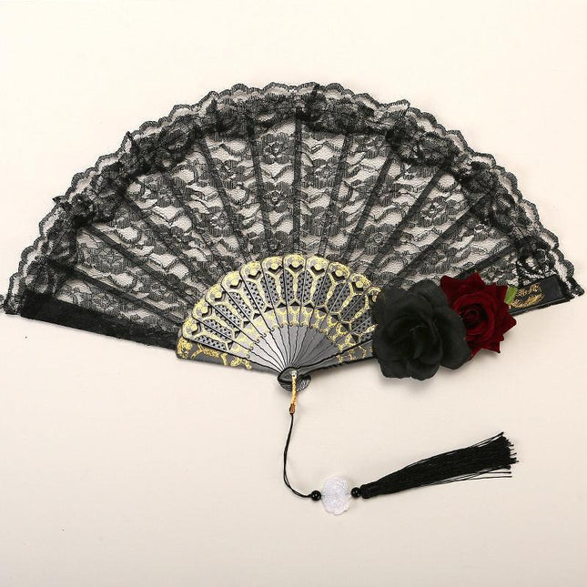 2 Pack Double Rose Obscur Vintage Lace Folding Fans Gothic Palace Style with Rose Cross Tassels for Tea Party Cosplay and Photo Props.