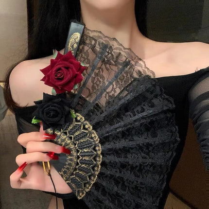 2 Pack Black Feather Wine-Red Rose Lace Vintage Lace Folding Fans Gothic Palace Style with Rose Cross Tassels for Tea Party Cosplay and Photo Props.