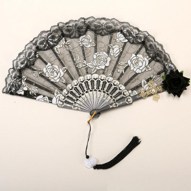 2 Pack Black Lace Black Rose Cross Vintage Lace Folding Fans Gothic Palace Style with Rose Cross Tassels for Tea Party Cosplay and Photo Props.