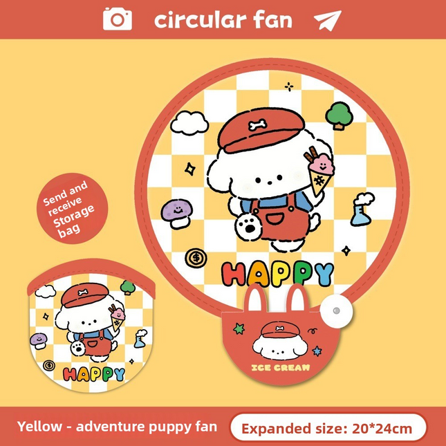 5 Pack Yellow Adventurous Pup Cute Cartoon Folding Hand Fans Portable Mini Circular Fans 20x24cm for Aussie Summer Outdoor Travel with Matching Storage Pouches for Kids and Adults.