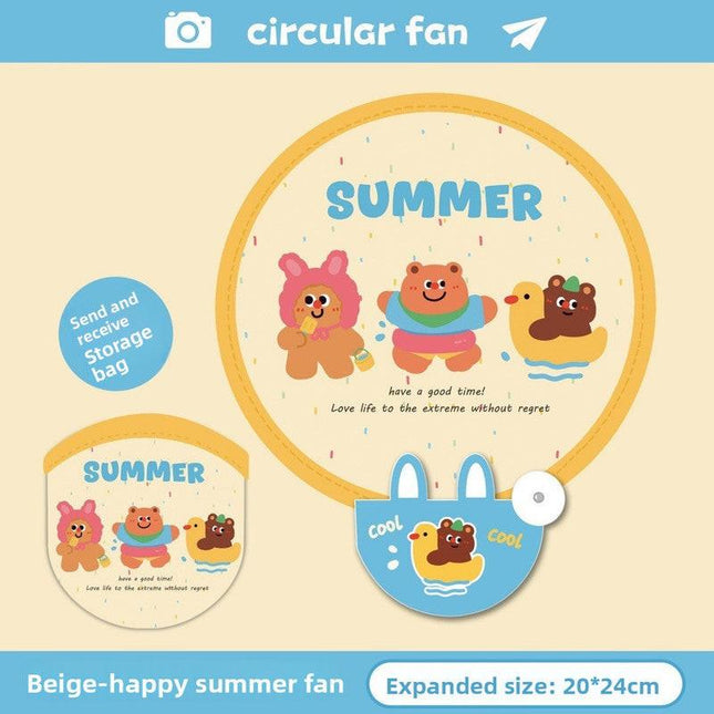 5 Pack Beige Happy Summer Cute Cartoon Folding Hand Fans Portable Mini Circular Fans 20x24cm for Aussie Summer Outdoor Travel with Matching Storage Pouches for Kids and Adults.