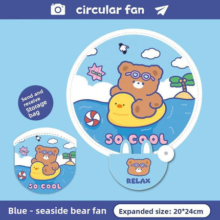5 Pack Blue Seaside Bear Cute Cartoon Folding Hand Fans Portable Mini Circular Fans 20x24cm for Aussie Summer Outdoor Travel with Matching Storage Pouches for Kids and Adults.