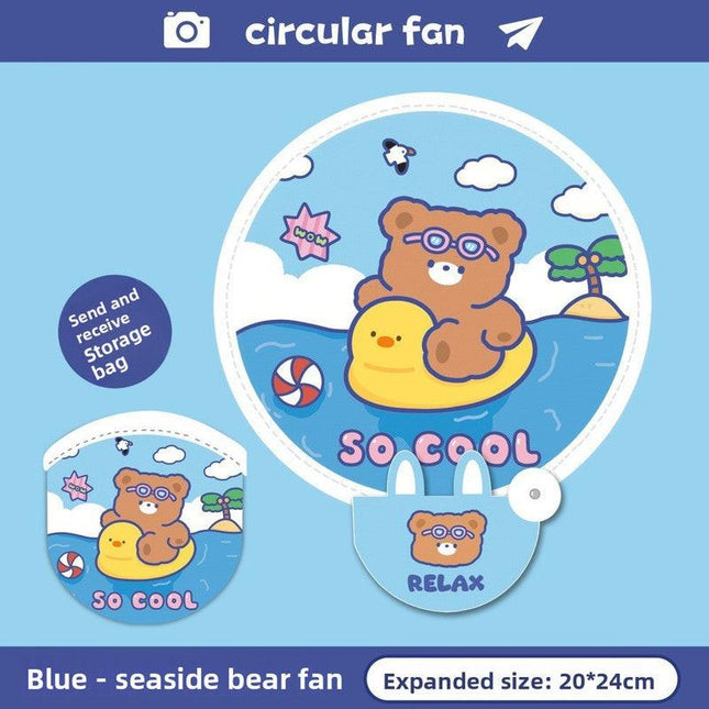 5 Pack Blue Seaside Bear Cute Cartoon Folding Hand Fans Portable Mini Circular Fans 20x24cm for Aussie Summer Outdoor Travel with Matching Storage Pouches for Kids and Adults.