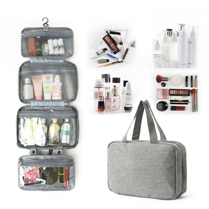 Gray Waterproof 4-Fold Hanging Toiletry Bag with Wet/Dry Separation for Australian Travel & Cosmetics.