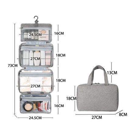 Gray Waterproof 4-Fold Hanging Toiletry Bag with Wet/Dry Separation for Australian Travel & Cosmetics.