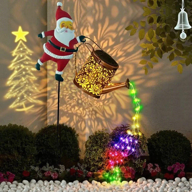 Colorful lights Solar Powered Christmas Garden Stake - Metal Santa with Watering Can & Multi-Colour LED Waterfall - 82cm Outdoor Yard Decoration.