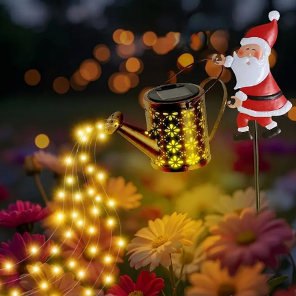 Warm white light Solar Powered Christmas Garden Stake - Metal Santa with Watering Can &  LED Waterfall - 82cm Outdoor Yard Decoration.