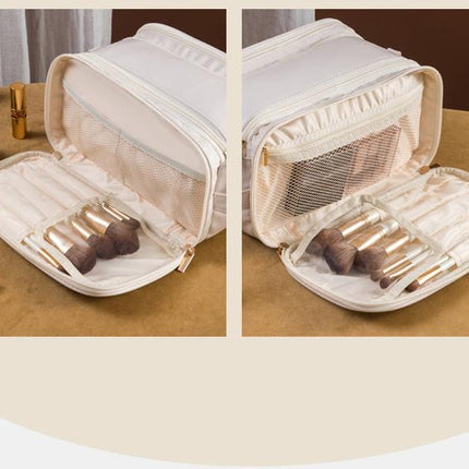 Black Large Capacity PU Leather Makeup Bag Dual Zipper Cosmetic Case Waterproof Travel Toiletry Organiser with Brush Compartment.