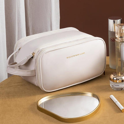 White Large Capacity PU Leather Makeup Bag Dual Zipper Cosmetic Case Waterproof Travel Toiletry Organiser with Brush Compartment.
