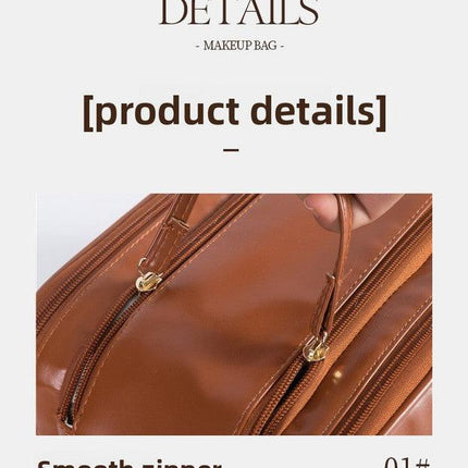 White Large Capacity PU Leather Makeup Bag Dual Zipper Cosmetic Case Waterproof Travel Toiletry Organiser with Brush Compartment.