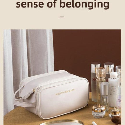 White Large Capacity PU Leather Makeup Bag Dual Zipper Cosmetic Case Waterproof Travel Toiletry Organiser with Brush Compartment.