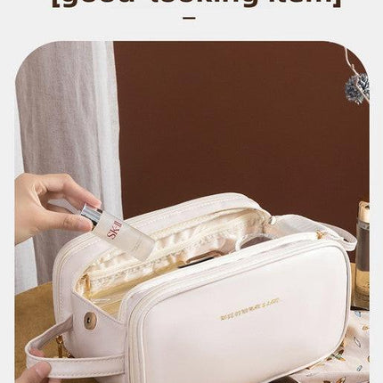 White Large Capacity PU Leather Makeup Bag Dual Zipper Cosmetic Case Waterproof Travel Toiletry Organiser with Brush Compartment.