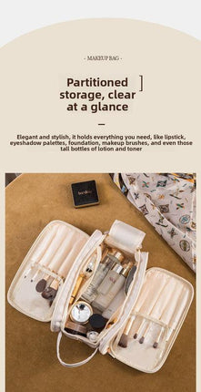 White Large Capacity PU Leather Makeup Bag Dual Zipper Cosmetic Case Waterproof Travel Toiletry Organiser with Brush Compartment.