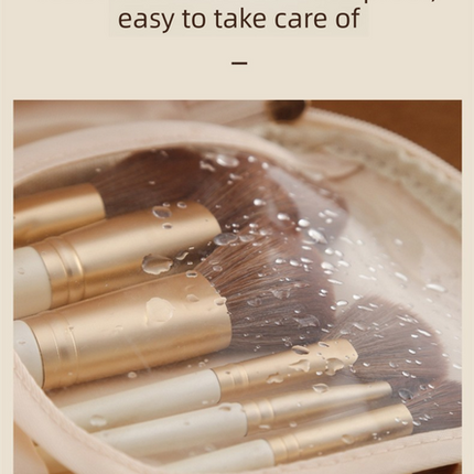Brown Large Capacity PU Leather Makeup Bag Dual Zipper Cosmetic Case Waterproof Travel Toiletry Organiser with Brush Compartment.
