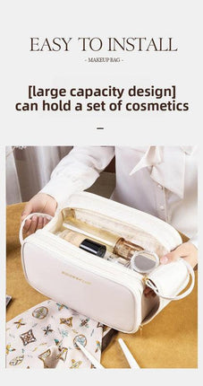 Brown Large Capacity PU Leather Makeup Bag Dual Zipper Cosmetic Case Waterproof Travel Toiletry Organiser with Brush Compartment.