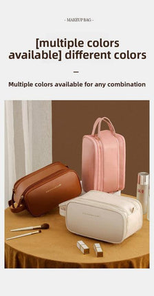 Brown Large Capacity PU Leather Makeup Bag Dual Zipper Cosmetic Case Waterproof Travel Toiletry Organiser with Brush Compartment.