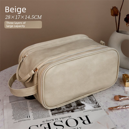 Luxury Cream Beige Large Capacity Makeup Bag – 3-Layer Double Zipper Travel Toiletry Organizer with Waterproof TPU Brush Holders.