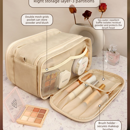 Luxury Cream Beige Large Capacity Makeup Bag – 3-Layer Double Zipper Travel Toiletry Organizer with Waterproof TPU Brush Holders.