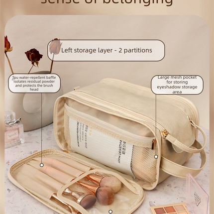 Luxury Camel Colour Large Capacity Makeup Bag – 3-Layer Double Zipper Travel Toiletry Organizer with Waterproof TPU Brush Holders.