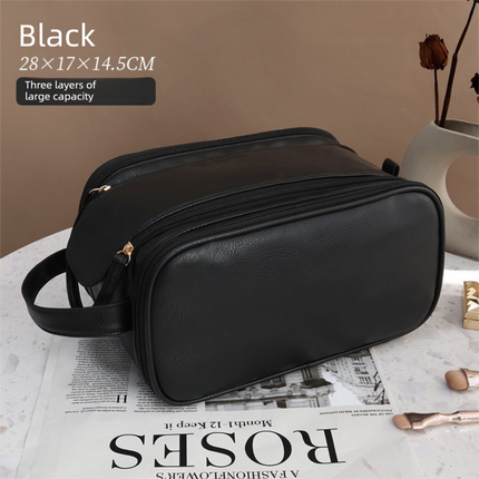 Luxury Black Large Capacity Makeup Bag – 3-Layer Double Zipper Travel Toiletry Organizer with Waterproof TPU Brush Holders.