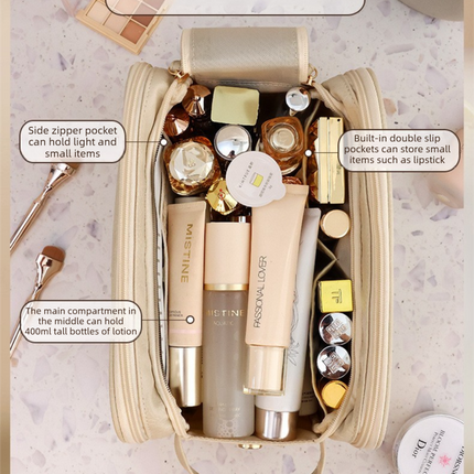 Luxury Black Large Capacity Makeup Bag – 3-Layer Double Zipper Travel Toiletry Organizer with Waterproof TPU Brush Holders.