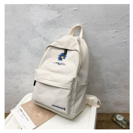 Daisy Embroidered Waterproof Backpack School Bag White Nylon Laptop Daypack for High School Uni and Travel.