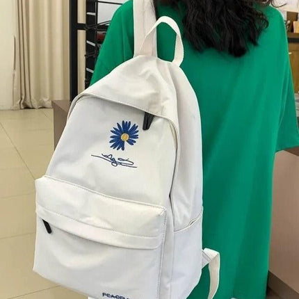 Daisy Embroidered Waterproof Backpack School Bag White Nylon Laptop Daypack for High School Uni and Travel.