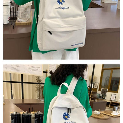 Daisy Embroidered Waterproof Backpack School Bag White Nylon Laptop Daypack for High School Uni and Travel.