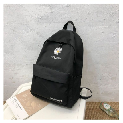Daisy Embroidered Waterproof Backpack School Bag Black Nylon Laptop Daypack for High School Uni and Travel.