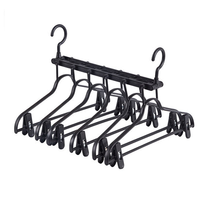2-SET Space-Saving 6-in-1 Foldable Hanger Set Multi-Functional Closet Organizer Clothes Drying Rack with Pant Clips (Black & Black Clip Upgrade Edition) Ideal for Homes and Dorm Rooms.