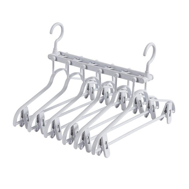 2-SET Space-Saving 6-in-1 Foldable Hanger Set Multi-Functional Closet Organizer Clothes Drying Rack with Pant Clips (Gray & Gray Clip Upgrade Edition) Ideal for Homes and Dorm Rooms.