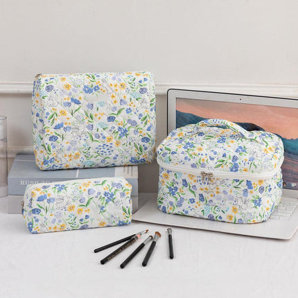 3SET Quilted Floral Makeup Bag Collection Cute Rabbit Pattern Cosmetic Pouch &Travel Toiletry Organizer & Pencil Case for School and Home.