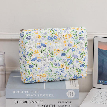 3SET Quilted Floral Makeup Bag Collection Cute Rabbit Pattern Cosmetic Pouch &Travel Toiletry Organizer & Pencil Case for School and Home.