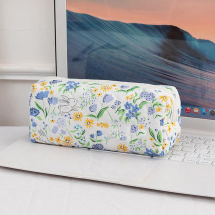 3SET Quilted Floral Makeup Bag Collection Cute Rabbit Pattern Cosmetic Pouch &Travel Toiletry Organizer & Pencil Case for School and Home.