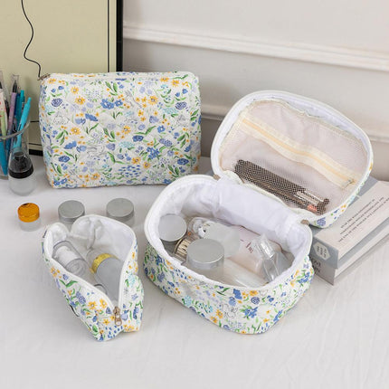 3SET Quilted Floral Makeup Bag Collection Cute Rabbit Pattern Cosmetic Pouch &Travel Toiletry Organizer & Pencil Case for School and Home.