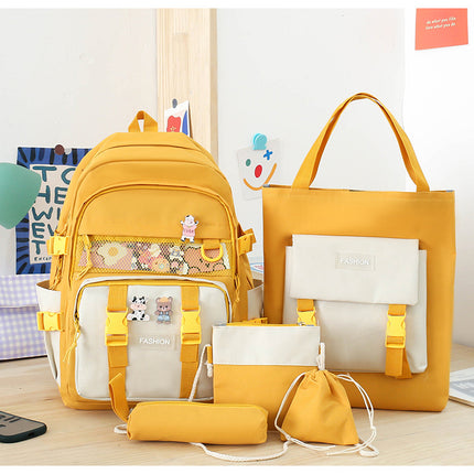 5 Piece Aesthetic School Backpack Set Yellow Oxford Fabric Fits 14 Inch Laptop.