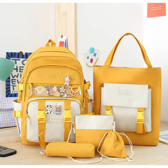 5 Piece Aesthetic School Backpack Set Yellow Oxford Fabric Fits 14 Inch Laptop.