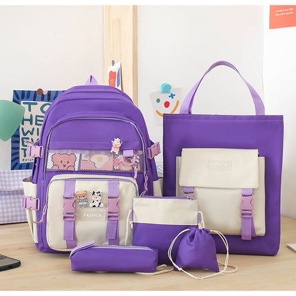 5 Piece Aesthetic School Backpack Set Purple Oxford Fabric Fits 14 Inch Laptop.