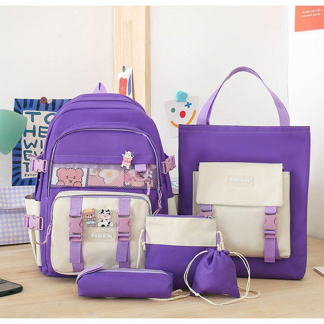 5 Piece Aesthetic School Backpack Set Purple Oxford Fabric Fits 14 Inch Laptop.