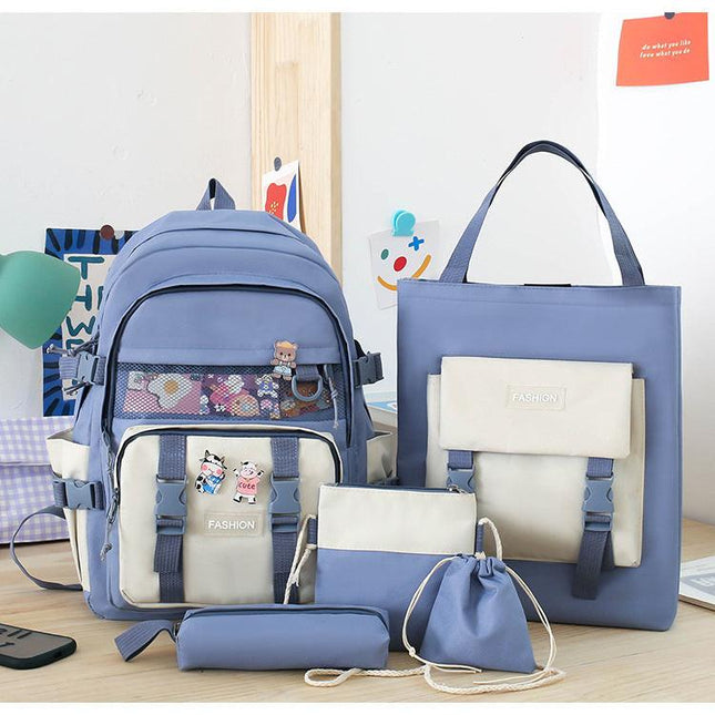 5 Piece Aesthetic School Backpack Set Blue Oxford Fabric Fits 14 Inch Laptop.