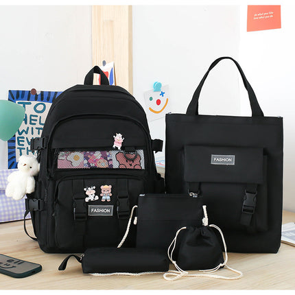 5 Piece Aesthetic School Backpack Set Black Oxford Fabric Fits 14 Inch Laptop.