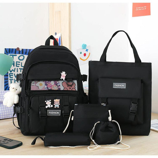 5 Piece Aesthetic School Backpack Set Black Oxford Fabric Fits 14 Inch Laptop.