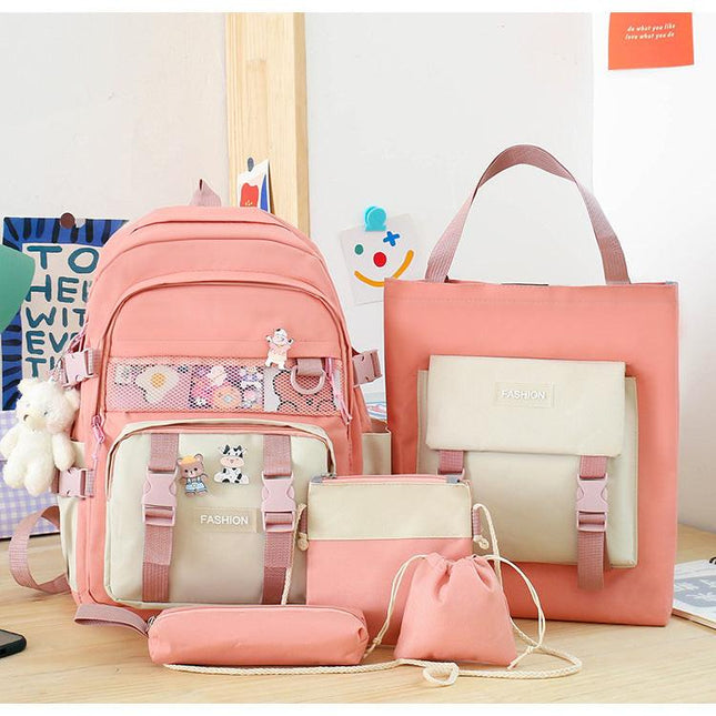 5 Piece Aesthetic School Backpack Set Pink Oxford Fabric Fits 14 Inch Laptop.