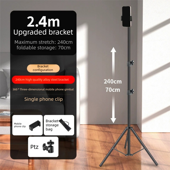2.4m Black Tripod Stand with Phone Holder Adjustable Floor Stand for Live Streaming Vlogging Overhead Video Recording Makeup Kit with Carry Bag.