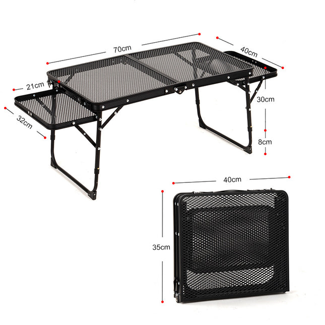 Black Portable Camping Table Heat Resistant Steel Mesh Top Foldable BBQ Desk with Side Wings Adjustable Height Aluminium Frame for Outdoor Picnic.