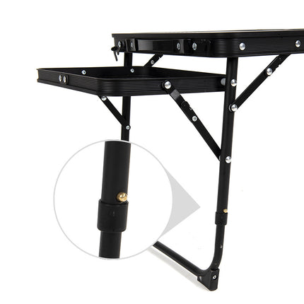 Black Portable Camping Table Heat Resistant Steel Mesh Top Foldable BBQ Desk with Side Wings Adjustable Height Aluminium Frame for Outdoor Picnic.