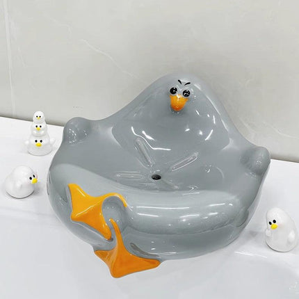 Grey Ceramic Seagull Soap Dish with Drainage Cute Cartoon Animal Soap Bar Holder for Bathroom Kitchen Sink Novelty Home Decor.