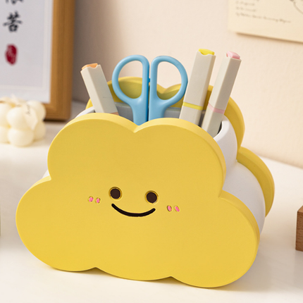 2 Pack Cute Desk Organiser Set Yellow Resin Cloud Pen Holder and Pink Plush Cat Tissue Box Cover for Home Office and Car Decor